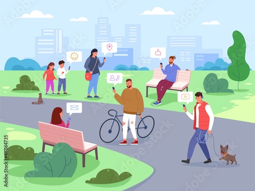 People city use smartphones. Many humans using mobile phones in street, smart online technology, crowd friends texting internet messages, digital lifestyle garish vector