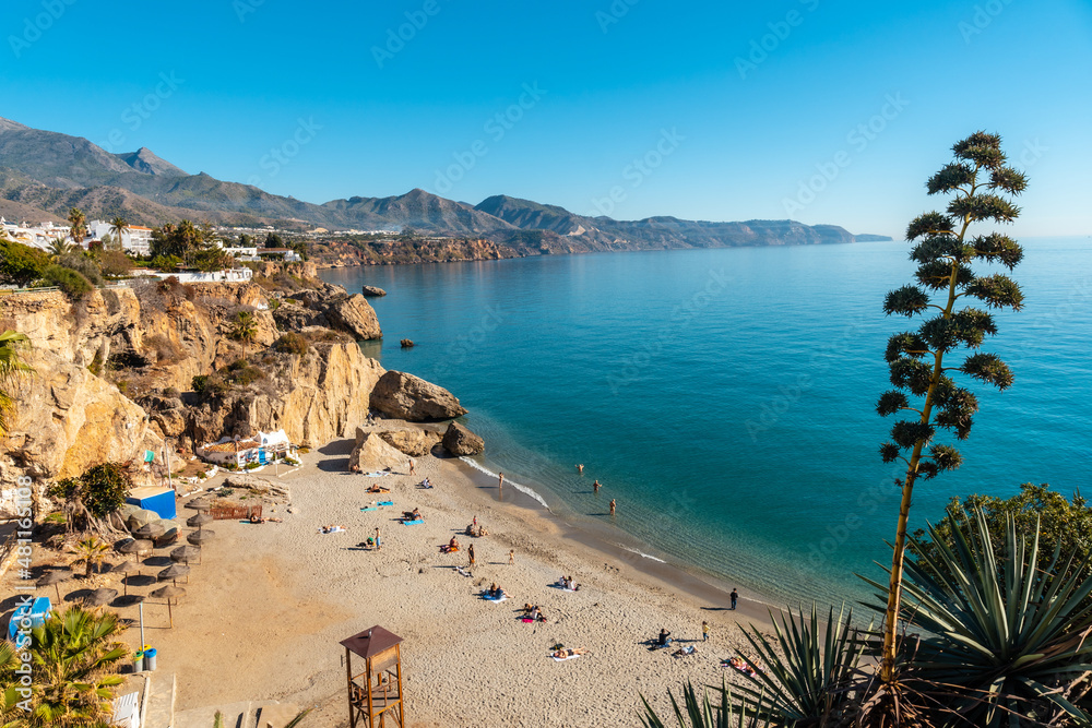 Calahonda beach in the town of Nerja one spring afternoon, Andalusia. Spain. Costa del sol in the Mediterranean Sea.