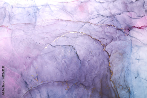Luxury abstract background in alcohol ink technique, purple gold liquid painting, scattered acrylic blobs and swirling stains, printed materials
