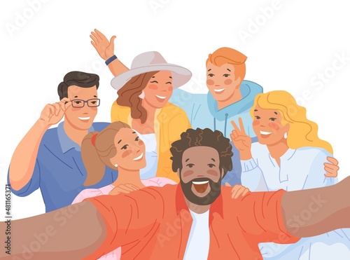 Group selfie of friends. Cartoon people making joint photo portrait on phone camera, smiling girl and boy take video self, friendship picture photograph, flat swanky vector