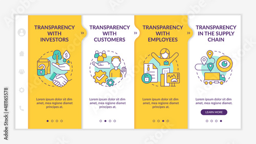Examples of transparency yellow onboarding template. Business company. Responsive mobile website with linear concept icons. Web page walkthrough 4 step screens. Lato-Bold, Regular fonts used