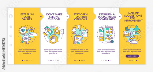 Ways to establish transparency yellow onboarding template. Business growth. Responsive mobile website with linear concept icons. Web page walkthrough 5 step screens. Lato-Bold, Regular fonts used