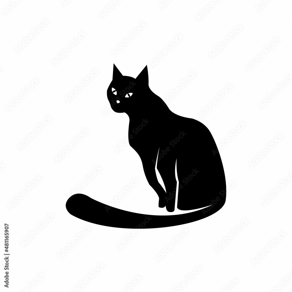 Mystical Black cat on white background.