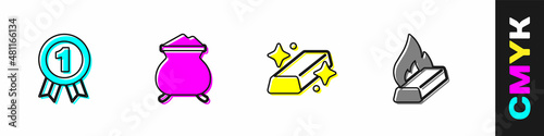 Set Medal, Molten gold being poured, Gold bars and icon. Vector