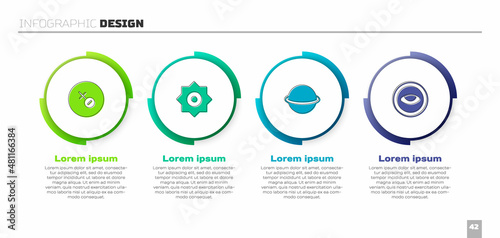 Set Venus symbol, Falling star, Planet Saturn and Medallion with eye. Business infographic template. Vector