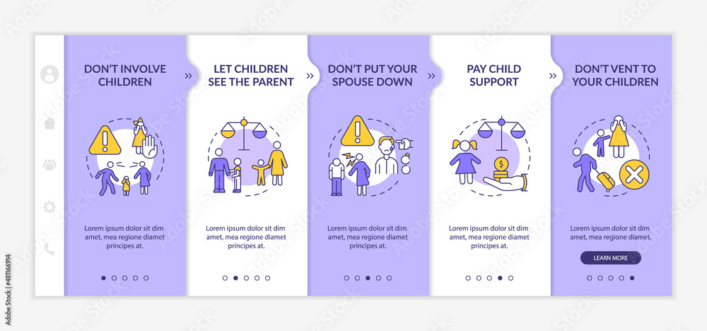 Divorce dos and donts purple and white onboarding template. Separation tips. Responsive mobile website with linear concept icons. Web page walkthrough 5 step screens. Lato-Bold, Regular fonts used
