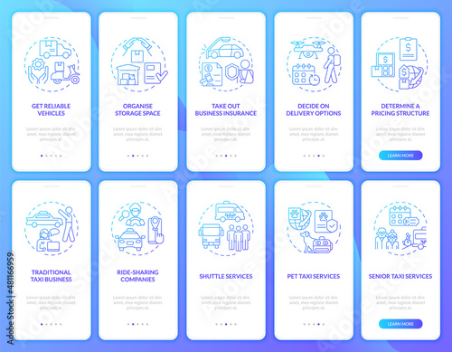 Start delivery business blue gradient onboarding mobile app screen set. Car walkthrough 5 steps graphic instructions pages with concepts. UI, UX, GUI template. Myriad Pro-Bold, Regular fonts used