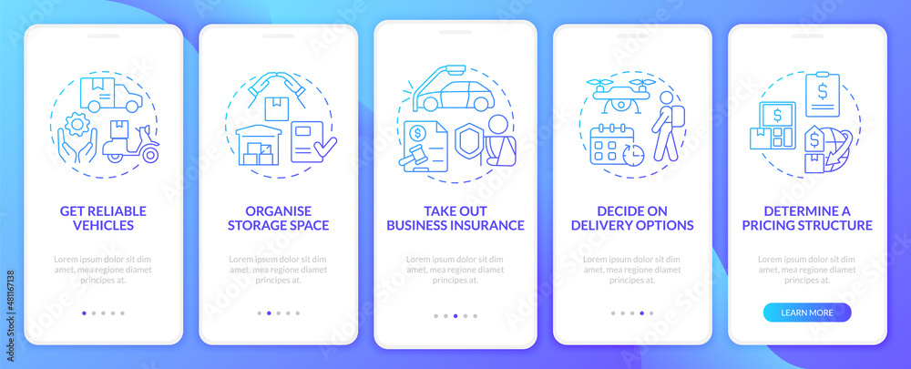 How to start courier business blue gradient onboarding mobile app screen. Taxi walkthrough 5 steps graphic instructions pages with concepts. UI, UX, GUI template. Myriad Pro-Bold, Regular fonts used