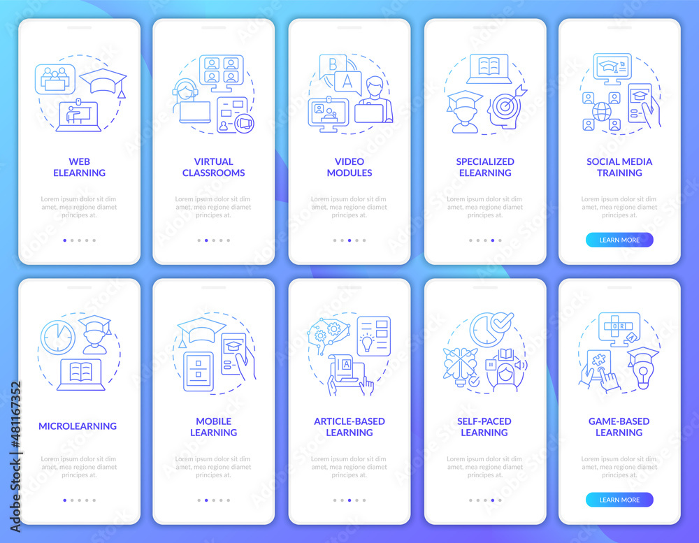 Electronic learning blue gradient onboarding mobile app screen set. Walkthrough 5 steps graphic instructions pages with linear concepts. UI, UX, GUI template. Myriad Pro-Bold, Regular fonts used