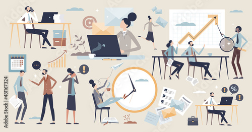 Office life scenes with business workspace items tiny person collection set. Company employees working time elements with managers, coworkers and professional labor vector illustration. Job workplace.