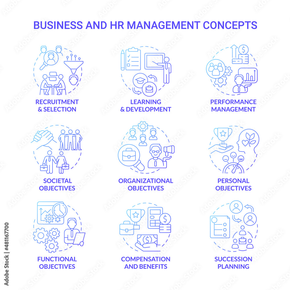 HR and business management blue gradient concept icons set. Human resource idea thin line color illustrations. Isolated outline drawings. Editable stroke. Roboto-Medium, Myriad Pro-Bold fonts used HR and business management blue gradient concept icons set. Human resource idea thin line color illustrations. Isolated outline drawings. Editable stroke. Roboto-Medium, Myriad Pro-Bold fonts used