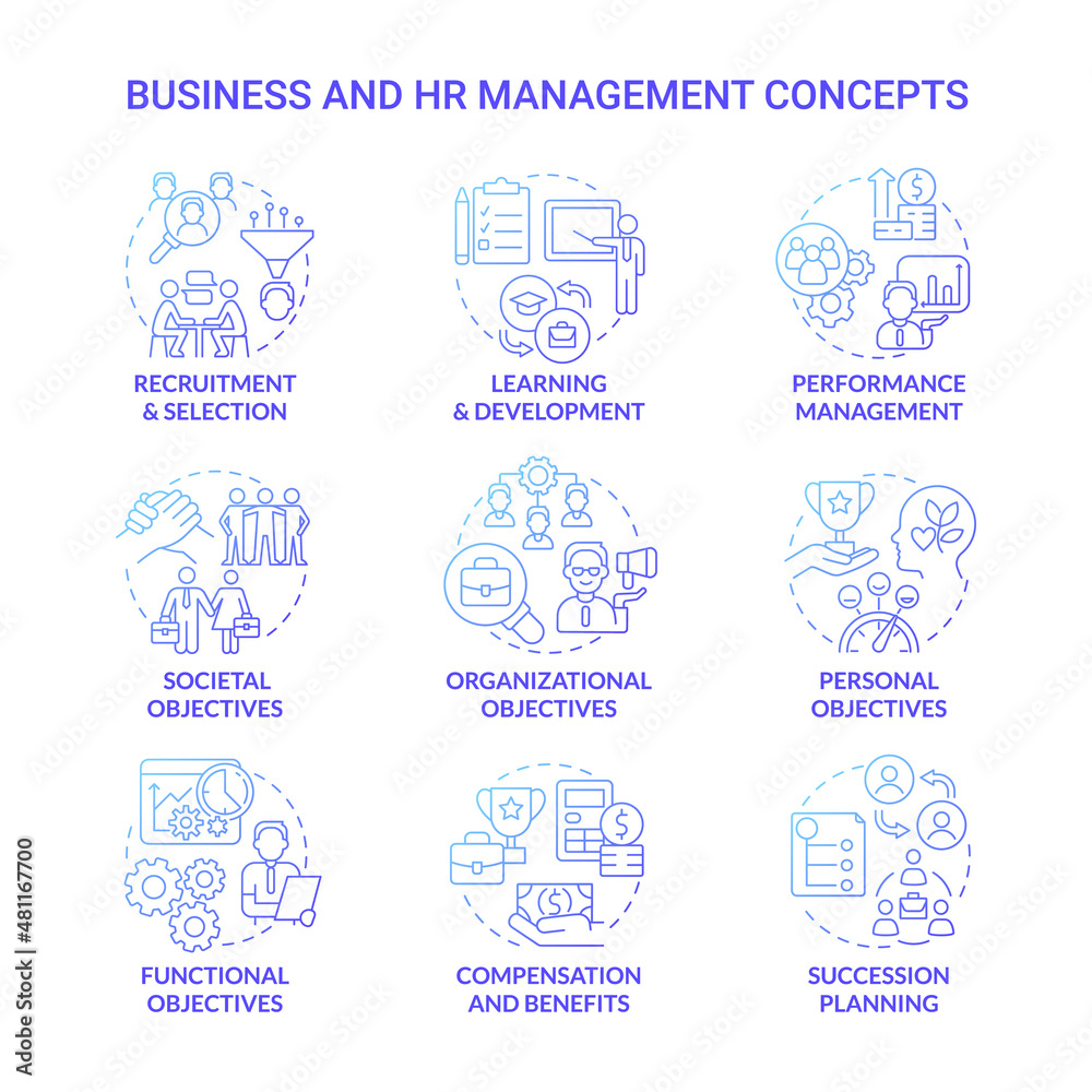 HR and business management blue gradient concept icons set. Human resource idea thin line color illustrations. Isolated outline drawings. Editable stroke. Roboto-Medium, Myriad Pro-Bold fonts used