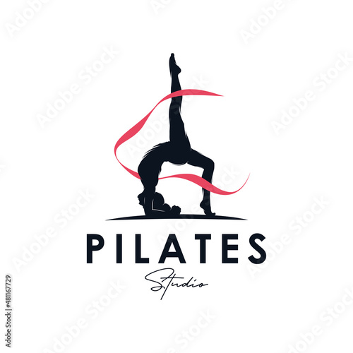 Trainer Pilates Woman with ribbon Silhouette vector logo design