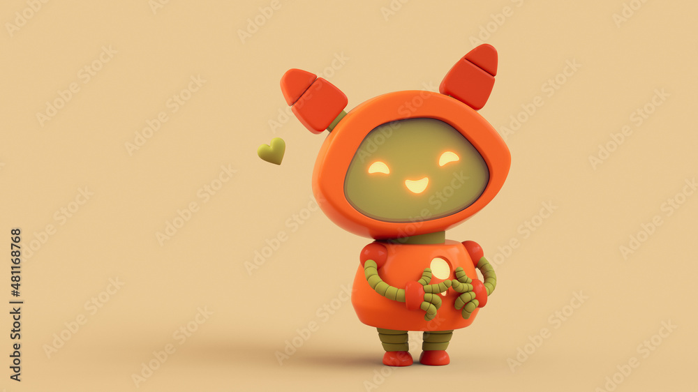 Friendly positive little orange robot girl, glowing yellow smiling face on  green screen standing in shy nervous pose two index fingers touching  together. Robotic happy toy, eyes ears. 3d render, heart ilustración
