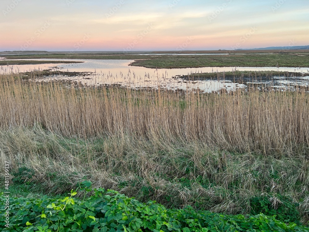 Landscape of beautiful sunset over marshland at nature reserve water pools and reeds on the coast in Cley next the sea Norfolk East Anglia uk with colourful sky on beach horizon on Winter afternoon