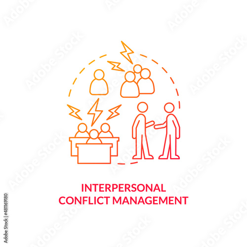 Interpersonal conflict management red gradient concept icon. Skills for HR abstract idea thin line illustration. Isolated outline drawing. Roboto-Medium, Myriad Pro-Bold fonts used