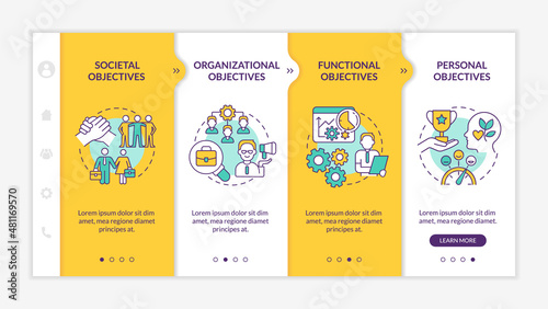 Objectives of Human resources management yellow onboarding template. Responsive mobile website with linear concept icons. Web page walkthrough 4 step screens. Lato-Bold, Regular fonts used