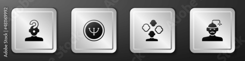 Set Human with question mark, Psychology, Schizophrenia and Concussion, headache icon. Silver square button. Vector