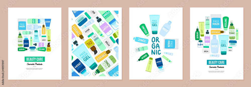 Set of cover templates with organic cosmetic products. Backgrounds with natural eco cosmetics. Beauty care. Designs is for banner, planner, invitation, poster, card, book. Vector illustration