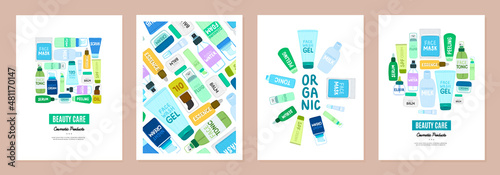 Set of cover templates with organic cosmetic products. Backgrounds with natural eco cosmetics. Beauty care. Designs is for banner, planner, invitation, poster, card, book. Vector illustration