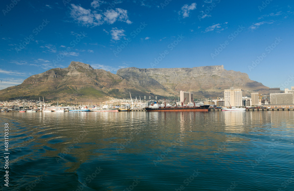 A view towards Table Mountain of the Cape Town harbour, an important port for South African import and export.
