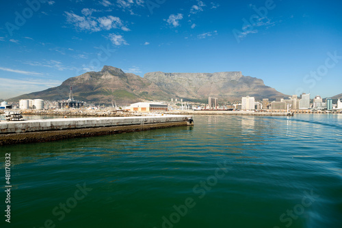 A view towards Table Mountain of the Cape Town harbour, an important port for South African import and export.
