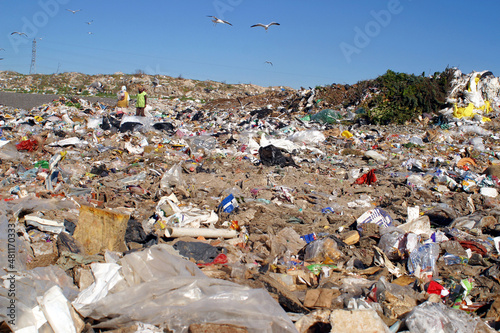 A landfill with seagulls, showing a lack of recycling..