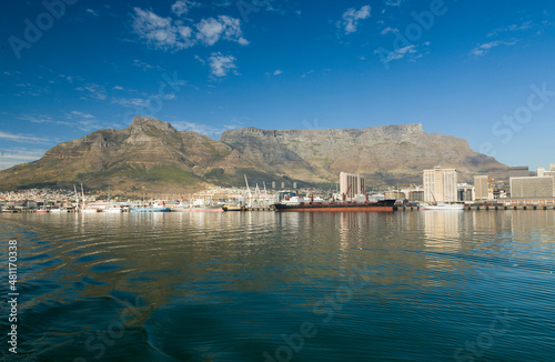 A view towards Table Mountain of the Cape Town harbour, an important port for South African import and export.