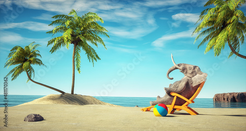 Elephant relaxing on a tropical beach.