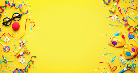 Colorful carnival or birthday party background with streamers, confetti and funny faces