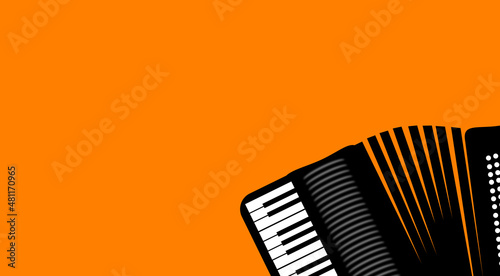Picture, piano key ACCORDION, isolated. Wind musical instrument. Graphic on orange background, strong fresh contrast, cheerful banner. Keyboard, notes. Refers to sound. ILLUSTRATION, reference to art.