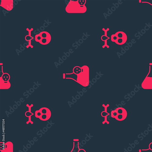 Set Bones and skull and Beaker with toxic liquid on seamless pattern. Vector