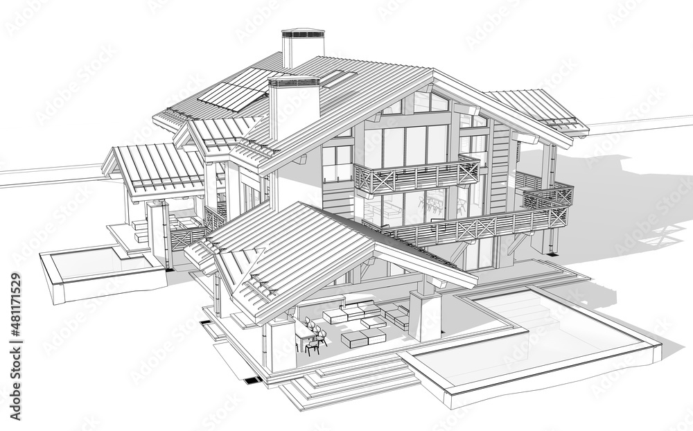 3d rendering of modern cozy chalet with pool and parking for sale or rent. Massive timber beams columns. Black line sketch with soft light shadows on white background.