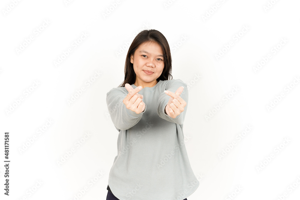 Showing Love Korean Finger Of Beautiful Asian Woman Isolated On White Background Showing Love Korean Finger Of Beautiful Asian Woman Isolated On White Background