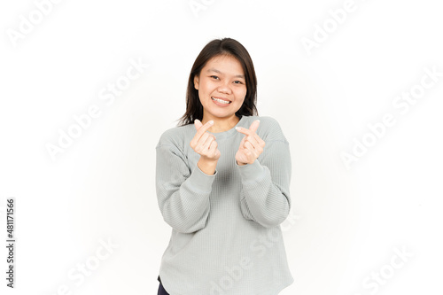 Showing Love Korean Finger Of Beautiful Asian Woman Isolated On White Background