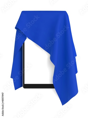 Blue fabric covering a blank tablet pad gadget, vector illustration