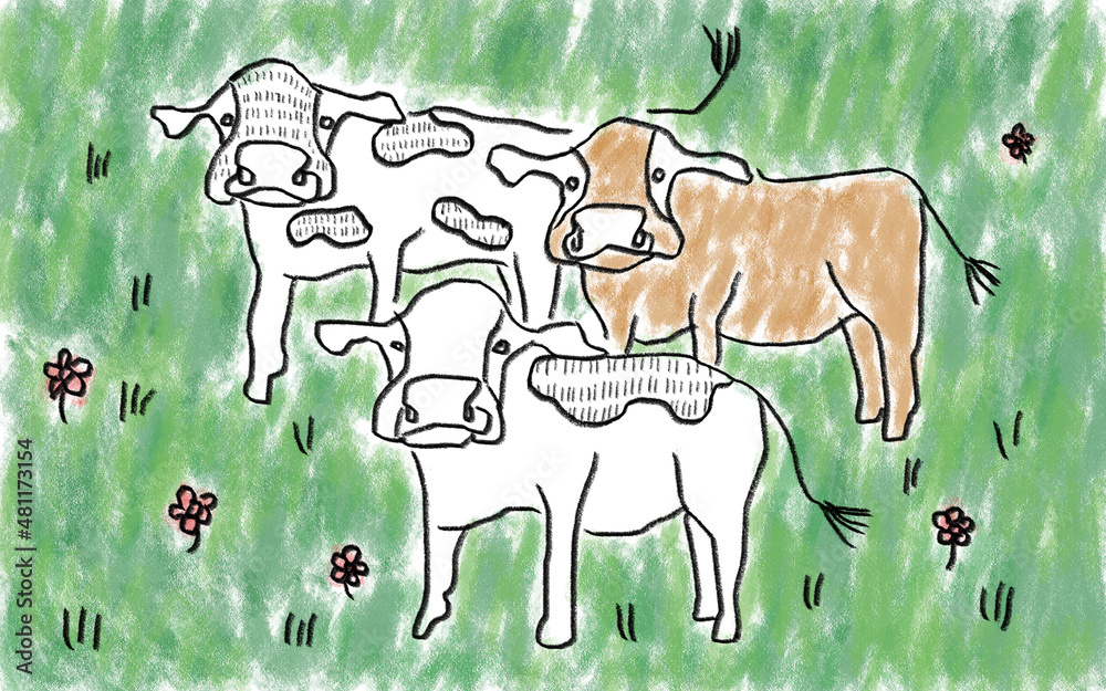 3匹の仔牛 イラスト 牧場 緑 ほのぼの かわいい 動物 牛 楽しい Stock Illustration Adobe Stock