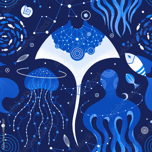 Vector seamless pattern of cosmic underwater life. Space background with sea animals such as stingray, jellyfish, octopus, fish, seashells. Ocean creatures are decorated with stars, constellations