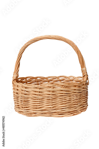 Big wicker basket on a white background. The basket is made of vines. Handmade. Empty wicker basket isolated on white