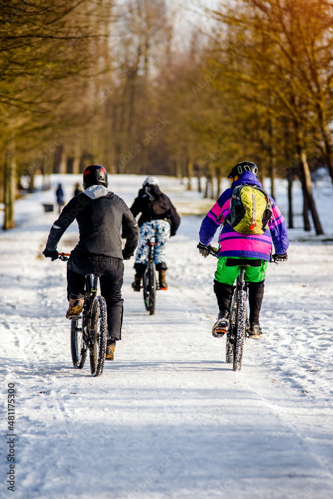 Obraz premium Cyclists ride on the bike path in the city Park