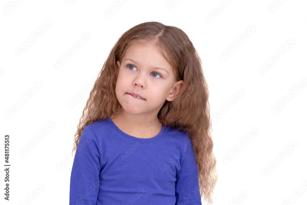Serious and thinking child kid having a bite lower lip in planning, isolated on white background looking up waist up caucasian little girl of 5 years in blue Serious and thinking child kid having a bite lower lip in planning, isolated on white background looking up waist up caucasian little girl of 5 years in blue