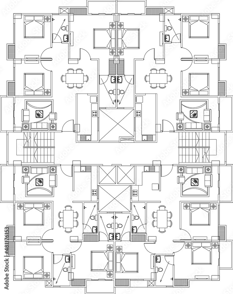 Sketch Drawing Layout of Flats Residential or Apartment. Interior furnitures floor plan drawing, 2d illustration. Suitable for interior and architecture work drawing project.