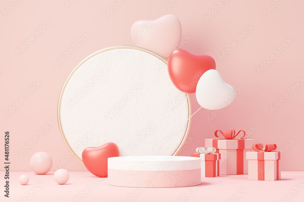 3d render minimal sweet scene with display podium for mock up and product brand presentation. Pink Pedestal stand for Valentine's Day's theme. Cute lovely heart background. Love day's design style.