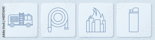 Set line Fire truck, Fire in burning buildings, Fire hose reel and Lighter. White square button. Vector