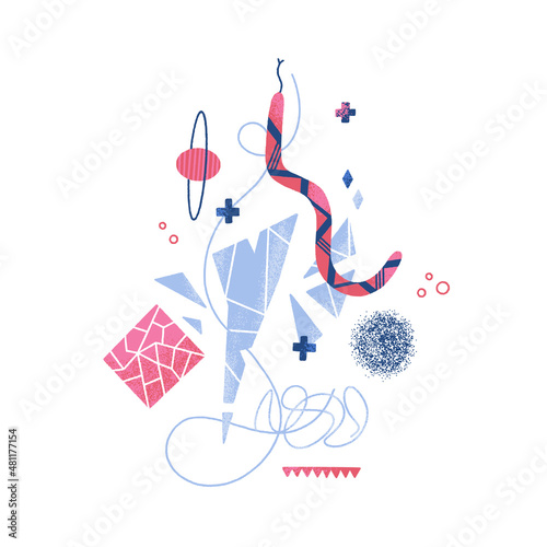 Abstract mythical mysterious composition of snake, broken glass, planet, different shapes. Modern art. Blue and red colors. Handdrawn style. Cover, card, print on clothes, poster. Vector illustration