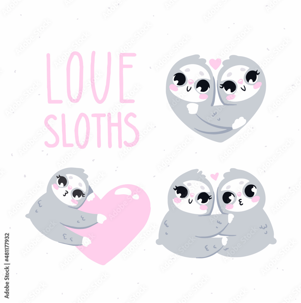 Fototapeta premium Hand draw graphics.Vector illustration. Set of cute sloths in the theme of Valentine's Day. 