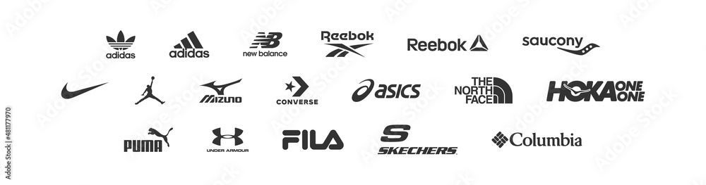 Vecteur Stock Set logo sportswear manufactures company: Adidas, Nike, Puma,  Air Jordan, New Balance, Under Armour, Converse, Reebok. Vector editorial  isolated icon. Zdolbuniv, Ukraine - January 17, 2022 | Adobe Stock