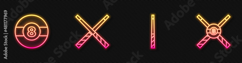 Set line Billiard cue, ball, Crossed billiard cues and and. Glowing neon icon. Vector