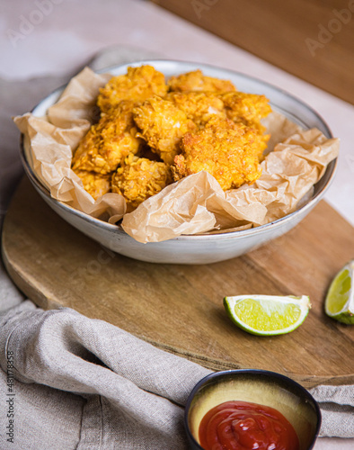 vegan chicken nuggets on a table with sides
