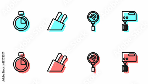 Set line Frying pan, Stopwatch, Knife and Electric mixer icon. Vector